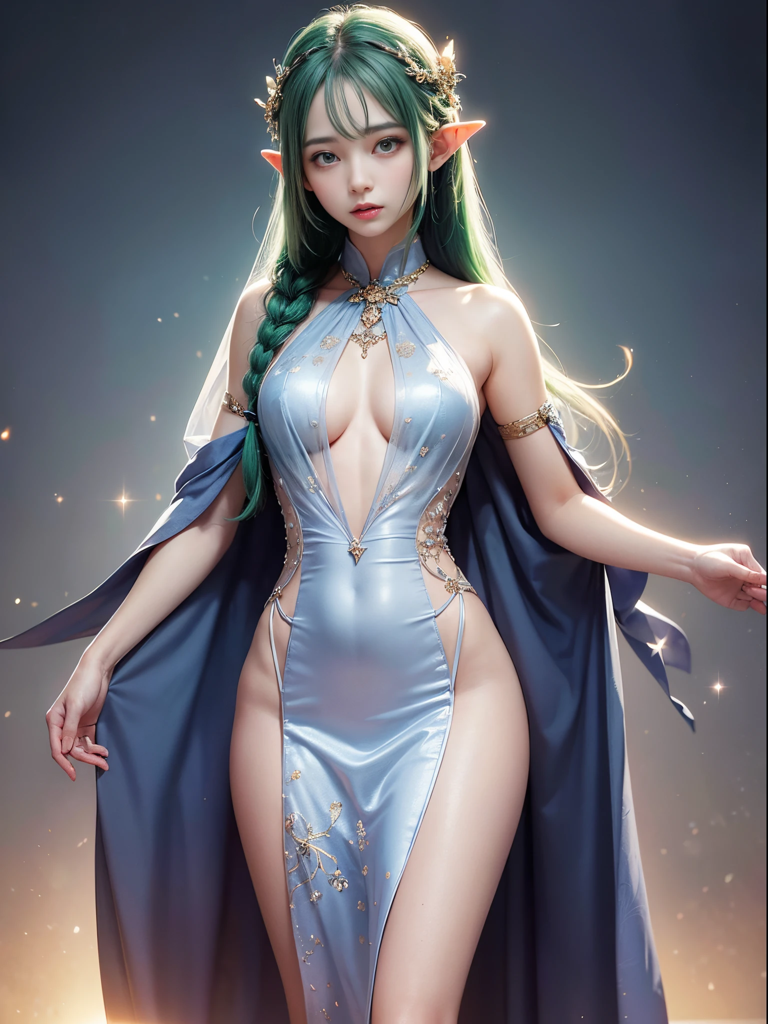 Graceful elven girl standing in meadow, Delicate face illuminated by the soft light of the setting sun. Her long, Flowing hair runs down your back, Decorated with intricate braids、Adorned with sparkling gemstones. This great photo is、、、It captures the ethereal beauty of elves. Slender figure in silk dress、Swaying in the soft steppe breeze. Attention to detail、Face that is、Face that is、Face that is、Face that is、Face that is、Face that is、Face that is、It is evident in the intricate patterns of the dress and the subtle highlights of the luminescence. skin. The breathtaking portrayal of the elven girl is、、、、、、、、Create an enchanting atmosphere、It invites the viewer to a magical world. emerald green hair color and eyes,