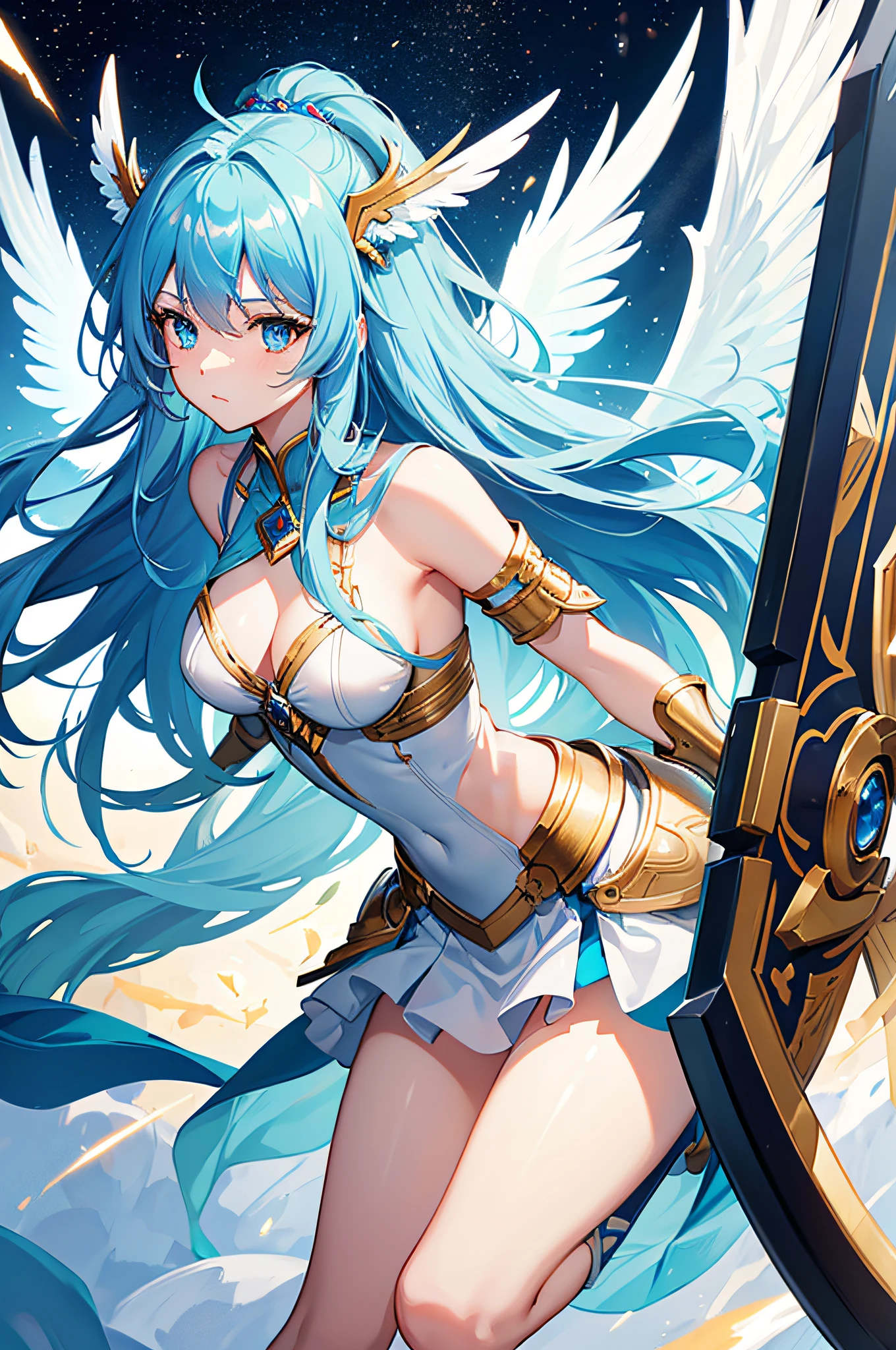 4K,hight resolution,One Woman,Blue hair,Longhaire,Light blue eyes,valkyrie,White armor,Winged headgear,jewel decorations,sacred place