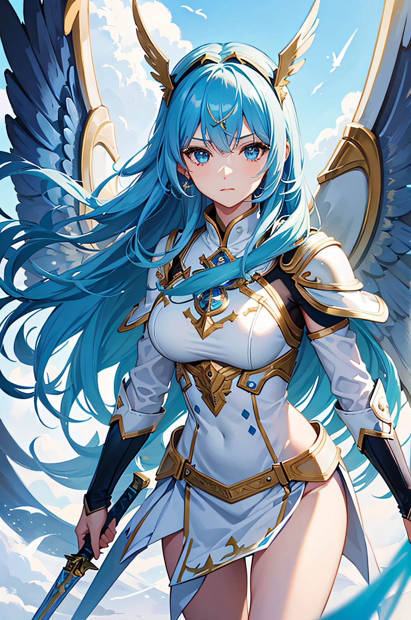 4K,hight resolution,One Woman,Blue hair,Longhaire,Light blue eyes,valkyrie,White armor,Winged headgear,jewel decorations,Longsword,sacred place