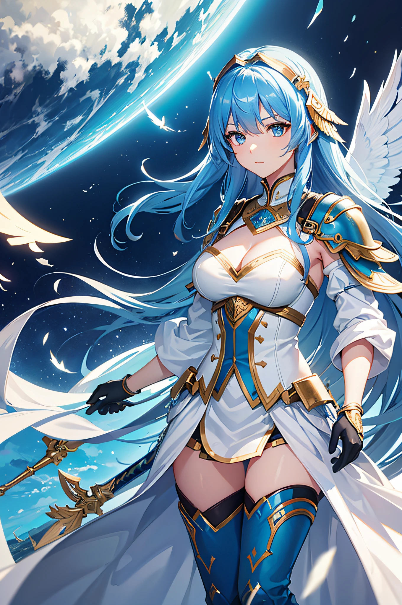 4K,hight resolution,One Woman,Blue hair,Longhaire,Light blue eyes,valkyrie,White armor,Winged headgear,jewel decorations,Longsword,sacred place