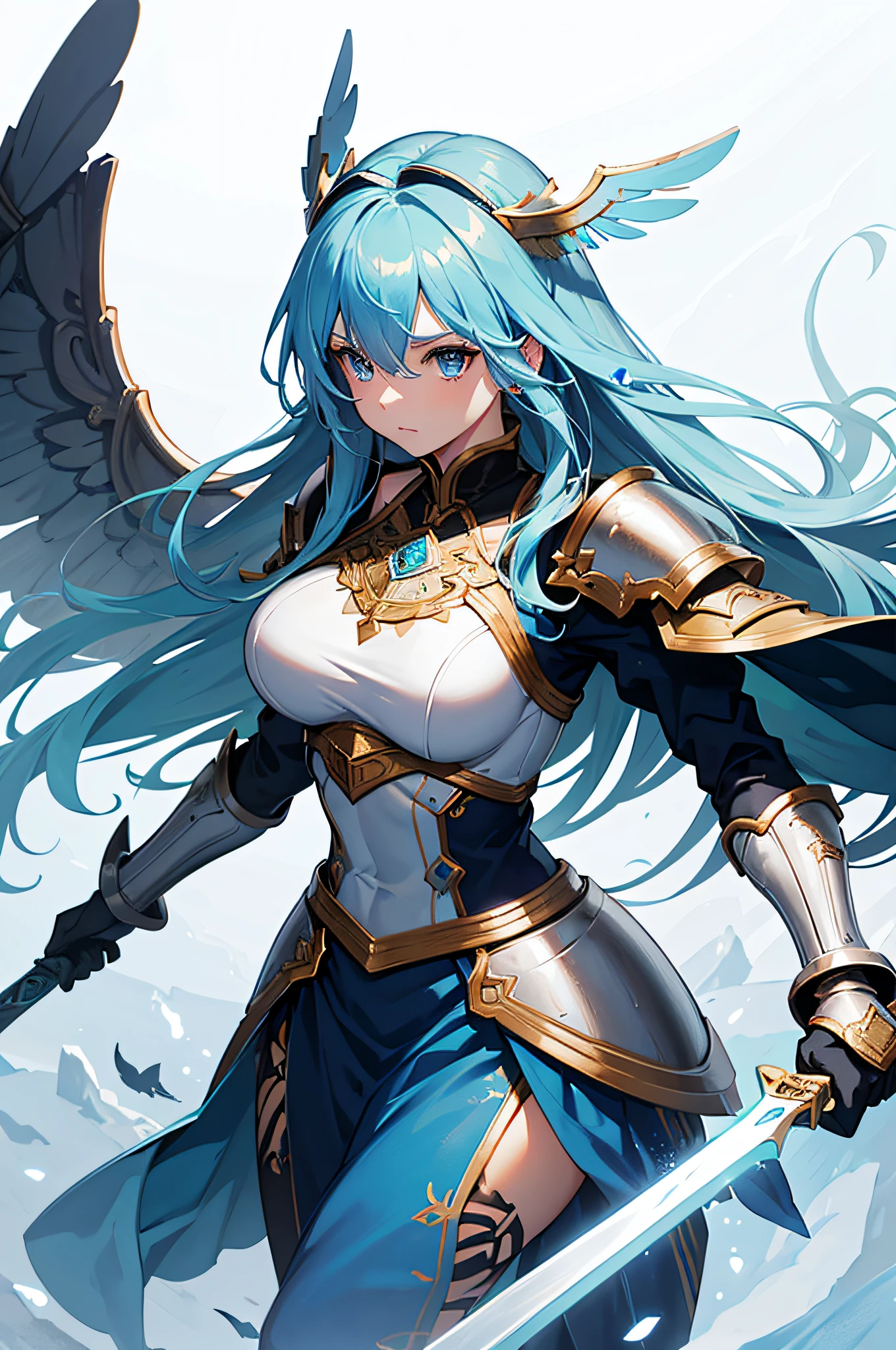 ((4K,masutepiece,Best Quality)), maxiskit, dress conservatively 1 girl, Solo, Full body, wide shoot,(((Cute angel flying in the blue sky))), Fantasy, Big Angel Wings, Big smile, Blue long wavy hair, Blue hair, Delicate eyes, beautifullydetailedbackground, (on clouds), (Full speed、fly)、 (2 large feathers:1.3), Lens Flare,