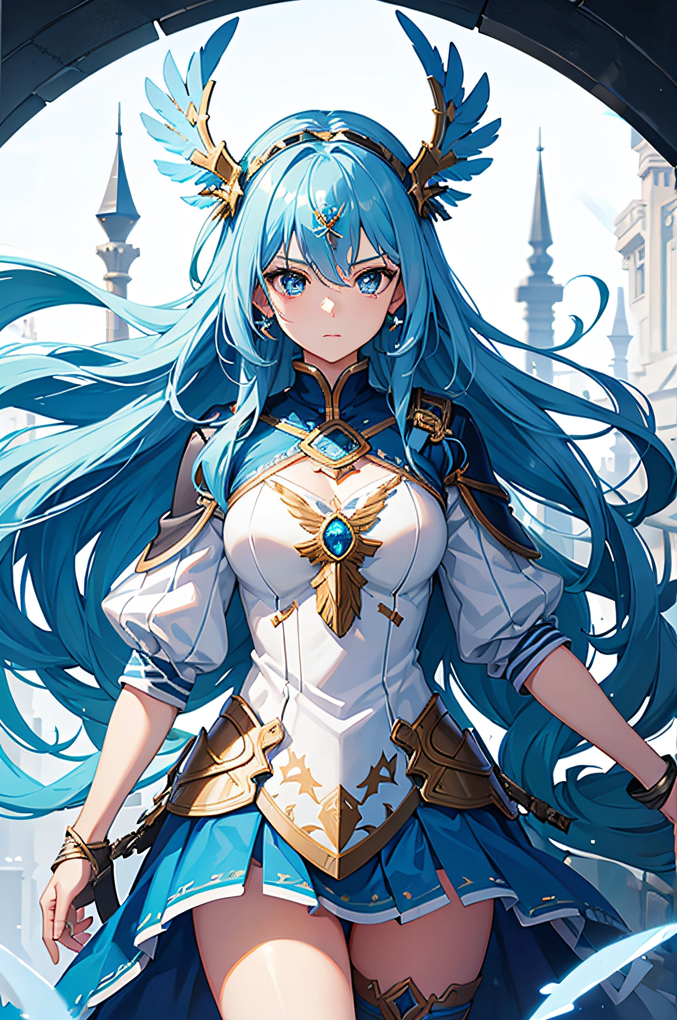 4K,hight resolution,One Woman,Blue hair,Longhaire,Light blue eyes,valkyrie,White armor,Winged headgear,jewel decorations,Longsword,sacred place
