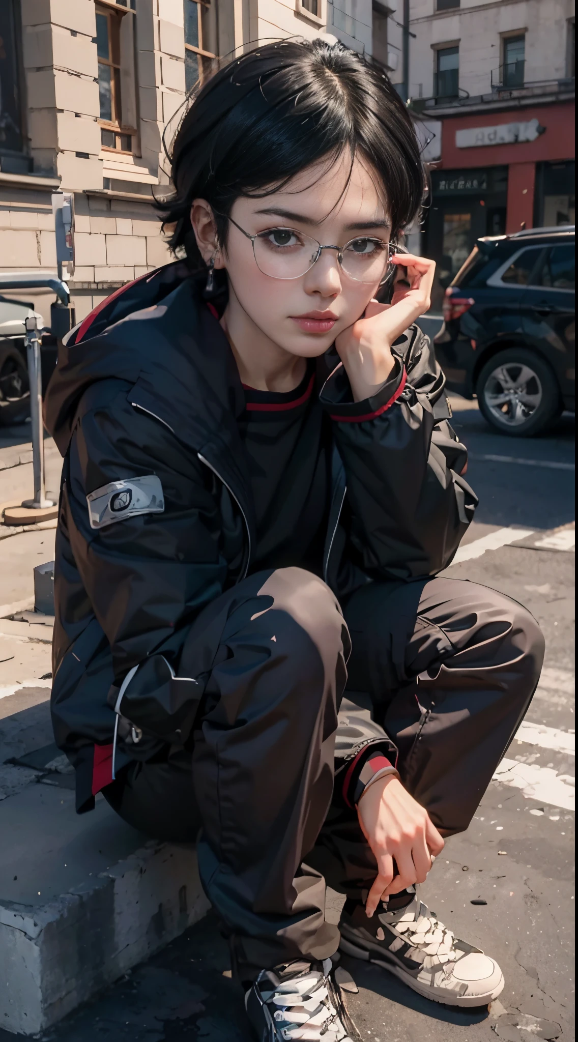 Sarada Uchiha in glasses and a black jacket crouches on a step, Art not Guweiz style, Estilo de anime 3D realista, Guweiz, the anime girl is crouching, 3 d anime realista, photorealistic anime girl rendering, retrato de alta qualidade, Estilo Realismo Anime, ****** anime na vida real, Alena Aenami e Artgerm