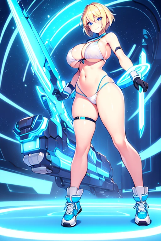 1girl, large breasts, breasts, wide hips, blonde hair, very short hair, short hair, blue eyes, smile, smirk, smug, bikini, white bikini, neon, neon trim, blue neon trim, machinery, tech, futuristic, science-fiction, shoes, sneakers, v-string