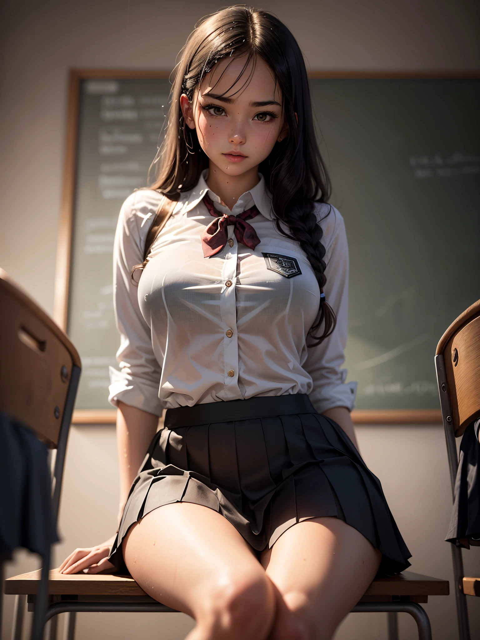 Best detailed photographic image of A sexy schoolgirl in a tight and intricate plaid school uniform, sitting in a classroom. The girl  has a slender body. Her outfit is a pleated skirt, which adds to the schoolgirl charm. The classroom is the main background, with a blackboard placed behind the girl. The atmosphere is intensified by the wet and dripping rain, which has soaked the girl's uniform. The focus is on the girl's silhouette, highlighting her curves and giving a sensual vibe.