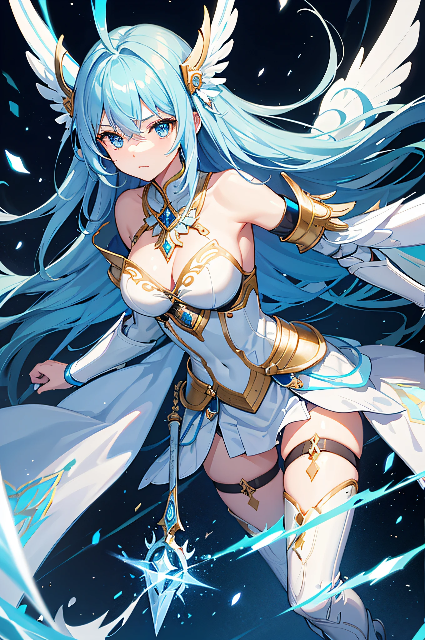 4K,hight resolution,One Woman,Blue hair,Longhaire,Light blue eyes,valkyrie,White armor,Winged headgear,jewel decorations,Longsword,sacred place