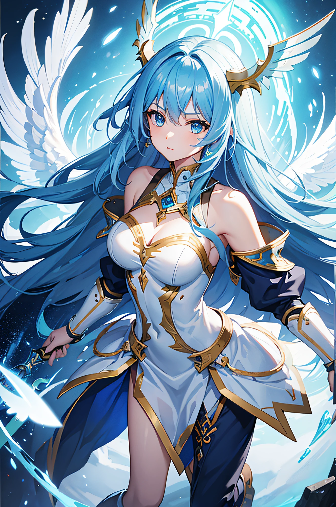 4K,hight resolution,One Woman,Blue hair,Longhaire,Light blue eyes,valkyrie,white holy armor,Winged headgear,jewel decorations,Longsword,sacred place