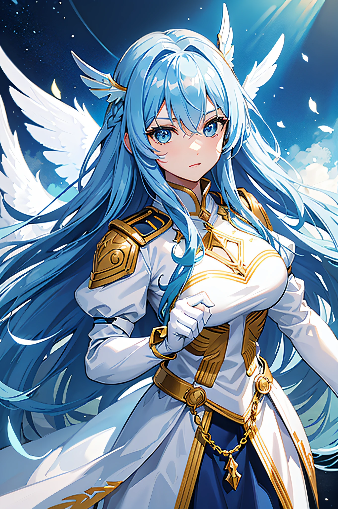 4K,hight resolution,One Woman,Blue hair,Longhaire,Light blue eyes,valkyrie,White armor,Winged headgear,jewel decorations,Longsword,sacred place