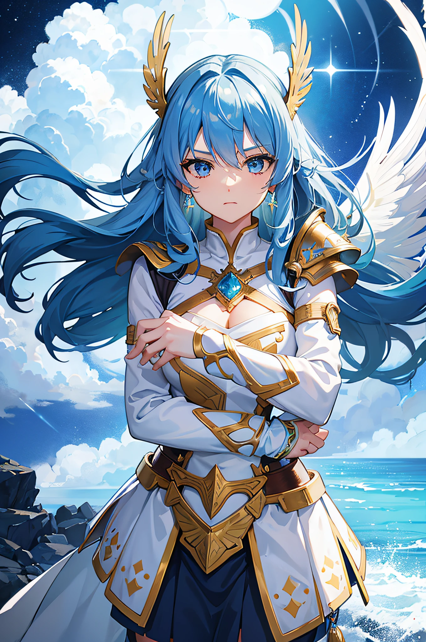 4K,hight resolution,One Woman,Blue hair,Longhaire,Light blue eyes,valkyrie,White armor,Winged headgear,jewel decorations,Longsword,sacred place