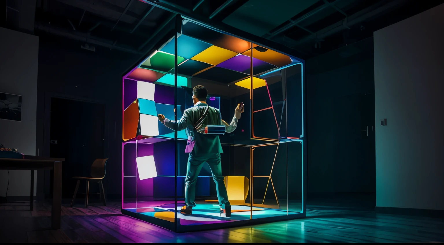 masterpiece, realistic man inside a cube of Rubik's room, shot behind Lora (magic:0.55), best quality, ultra-detailed, photorealistic, concept artists, studio lighting, vivid colors, sharp focus, clickbate thumbnail, # Prompt description: This prompt describes a high-quality picture、realistic drawings。It shows a man trapped inside a large cube in a Rubik's Cube room。The angle of the picture is from Lora (magic:0.55)shot from behind,It gives a sense of mystery。This artwork is styled in the style of a conceptual artist,The picture is full of bright colors,Professional lighting technology used,Very detailed,Make it appear realistic。