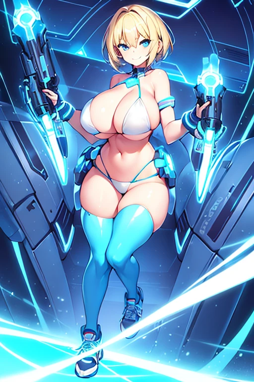 1girl, large breasts, breasts, wide hips, blonde hair, very short hair, short hair, blue eyes, smile, smirk, smug, bikini, white bikini, neon, neon trim, blue neon trim, machinery, tech, futuristic, science-fiction, shoes, sneakers, v-string, thighhighs,