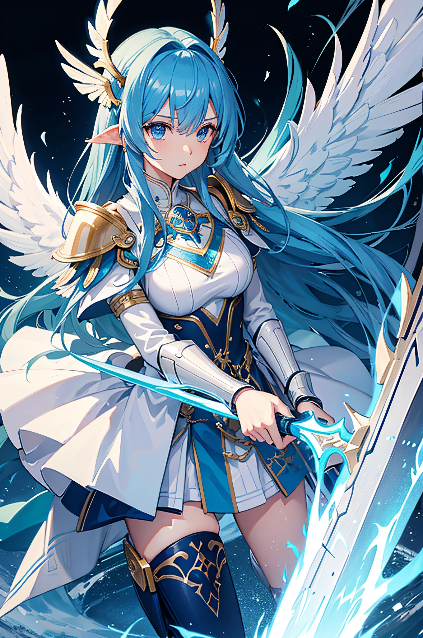4K,hight resolution,One Woman,Blue hair,Longhaire,Light blue eyes,valkyrie,white holy armor,Winged headgear,jewel decorations,Longsword,sacred place