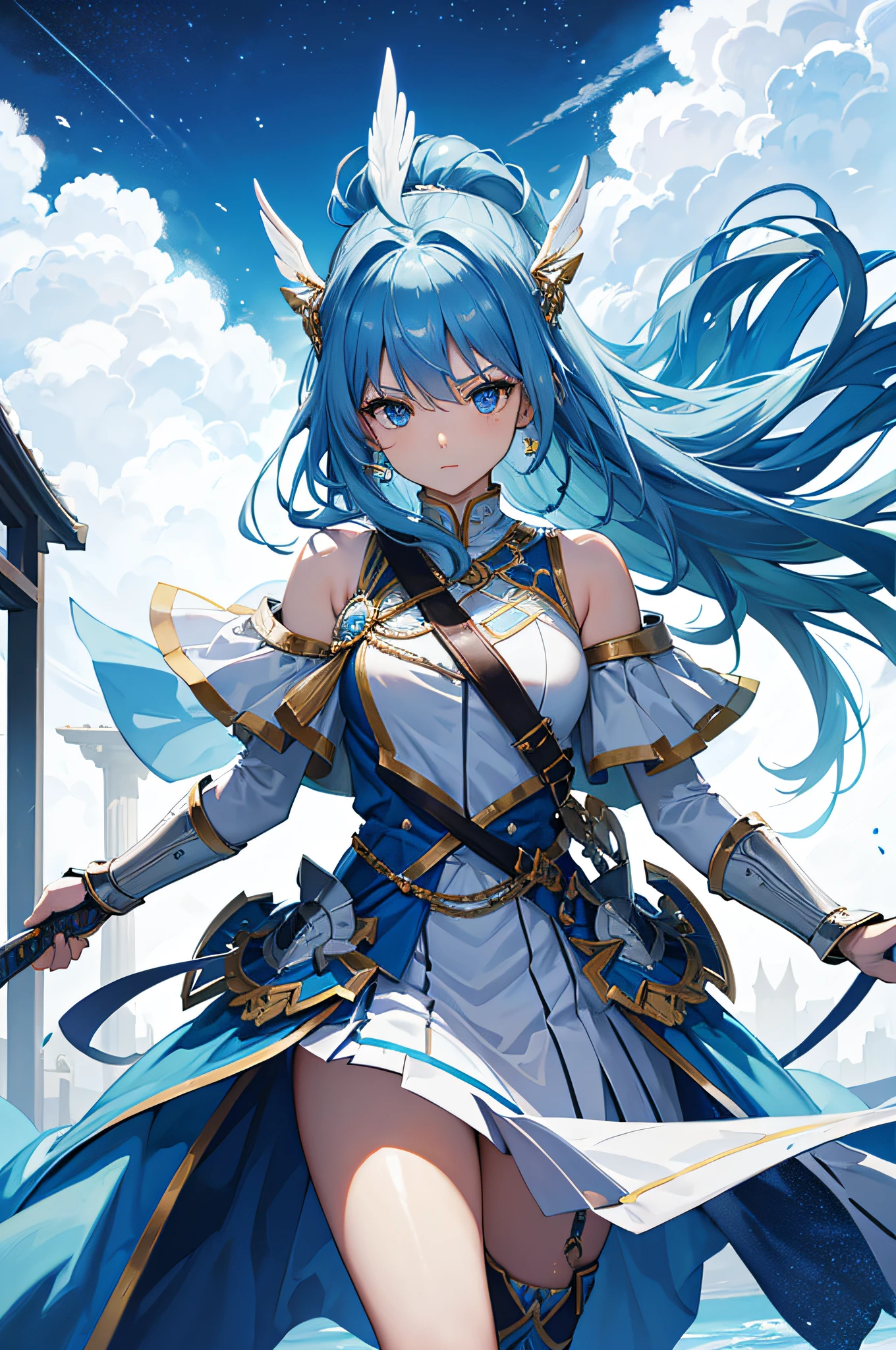 4K,hight resolution,One Woman,Blue hair,Longhaire,Light blue eyes,valkyrie,white holy armor,Winged headgear,jewel decorations,Longsword,sacred place
