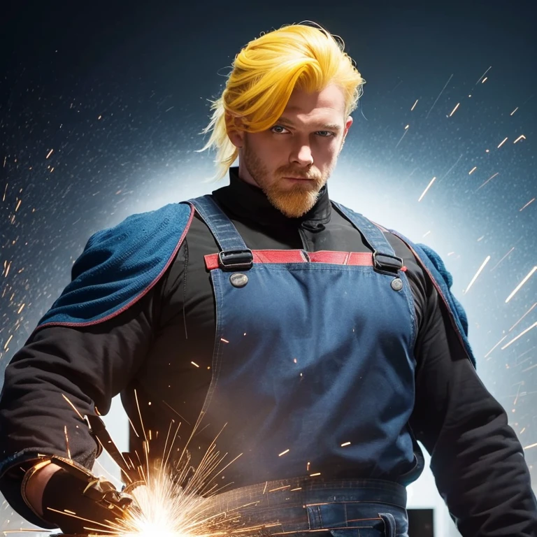 I em man have yellow hair, very blue eyes, I am 1.70m tall, and weigh 70kg. I am a welder. I want a picture that includes all these characteristics and shows me welding my face and my hair must see on picture and i wonna be like superhero welder.