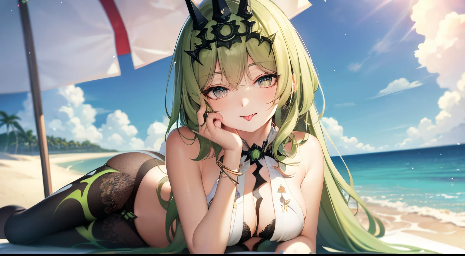 laying down, solo, 1girl, highres, green eyes, green hair, small breasts, looking at viewer, jewelry, crown, earring, lace, sundress, shawl, outdoor, beachside, seductive smile, beautiful, HD, tongue, tongue out