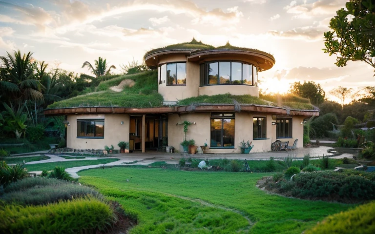 A photograph of a symmetrical contemporary organic house with (((one waved green roof))) and (((biological pool))) in a tropical backyard, mustard yellow terracota plaster walls (((rustic clay stucco))), ((corner walls rounded)), ((rustic clay plaster)), (((terracotta walls with rounded corners, organic curves))), (((rustic earth plaster, mud))), (((wave-shaped green roof with wooden edge))), (((wooden roof structure, wooden rake, wooden fascia board))), eaves, porch with wooden pillar, ((roof with wooden structure)), In Bali (((Tropical garden))), ((natural houses, organic buildings, organic architecture)), Ecovillage, sustainable architecture, Bioconstruction architecture, solarpunk architecture, (((grass roof, green roof, green wave roof, rounded roof, vegetated roofs))), ((green architecture)), Passive house, (((Rock Foundation))), Clear sky in the background, painful beauty, modern, imposing, green house, ((Bali hobbit Hadid Style)), super resolution, cinematic, color grading, editorial photography, photography, photo shoot, (((dramatic front eye top angle view))), O 50mm, depth of field, intricate details, natural colors, sharp focus, warm light, shutter speed 1/1000, F/22, White Balance, Ray Trace Reflections, Lumen Reflections, Screen Space Reflections, Diffraction Rating, Chromatic Aberration, GB Shift, Partial Lighting, Backlighting, Daylighting, Scan Lines, ambient occlusion, antialiasing, shaders, OpenGL-Shaders, GLSL-Shaders, Post-processing, post-production, shading, tone mapping, incredibly detailed and complex, hypermaximalist, elegant, hyperrealistic, super detailed, dynamic pose, Fujifilm XT