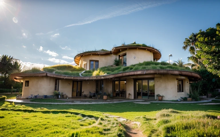 A photograph of a symmetrical contemporary house with (((one hyperbolic paraboloid green roof))) and (((biological pool))) and ((base wall foundation)) in a tropical backyard, mustard yellow terracota plaster walls (((rustic clay stucco))), ((corner walls rounded)), ((rustic clay plaster)), (((terracotta walls with rounded corners, organic curves))), (((rustic earth plaster, mud))), (((hyperbolic-shaped green roof with wooden edge))), (((wooden roof structure, wooden rake, wooden fascia board))), eaves, ((roof with wooden structure)), In Bahia (((tropical garden))), ((natural houses, organic buildings, organic architecture)), ecovillage, sustainable architecture, bioconstruction architecture, solarpunk architecture, (((grass roof, green roof, green wave roof, rounded roof, vegetated roofs))), (((rock base foundation wall, foundation height 30cm, stone base wall 30cm high))), ((green architecture)), passive house, clear sky in the background, painful beauty, modern, imposing, green house, ((Bali hobbit Hadid Style)), super resolution, cinematic, color grading, editorial photography, photography, photo shoot, (((dramatic front eye top angle view))), O 50mm, depth of field, intricate details, natural colors, sharp focus, warm light, shutter speed 1/1000, F/22, White Balance, Ray Trace Reflections, Lumen Reflections, Screen Space Reflections, Diffraction Rating, Chromatic Aberration, GB Shift, Partial Lighting, Backlighting, Daylighting, Scan Lines, ambient occlusion, antialiasing, shaders, OpenGL-Shaders, GLSL-Shaders, Post-processing, post-production, shading, tone mapping, incredibly detailed and complex, hypermaximalist, elegant, hyperrealistic, super detailed, dynamic pose, Fujifilm XT