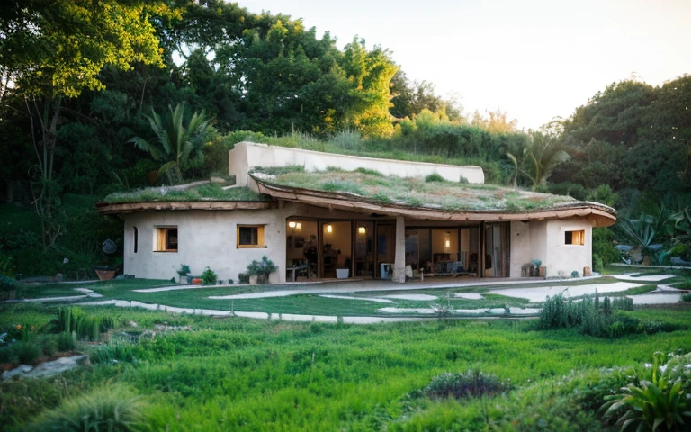A photograph of a symmetrical contemporary house with (((one hyperbolic paraboloid green roof))) and (((biological pool))) and ((base wall foundation)) in a tropical backyard, mustard yellow terracota plaster walls (((rustic clay stucco))), ((corner walls rounded)), ((rustic clay plaster)), (((terracotta walls with rounded corners, organic curves and squared))), (((rustic earth plaster, mud))), (((hyperbolic-shaped green roof with wooden edge))), (((wooden roof structure, wooden rake, wooden fascia board))), eaves, ((roof with wooden structure)), In Bahia (((tropical garden))), ((natural houses, organic buildings, organic architecture)), ecovillage, sustainable architecture, bioconstruction architecture, solarpunk architecture, (((grass roof, green roof, green wave roof, rounded roof, vegetated roofs))), (((rock base foundation wall, foundation height 30cm, stone base wall 30cm high))), ((green architecture)), passive house, clear sky in the background, painful beauty, modern, imposing, green house, ((Bali hobbit Hadid Style)), super resolution, cinematic, color grading, editorial photography, photography, photo shoot, (((dramatic front eye top angle view))), O 50mm, depth of field, intricate details, natural colors, sharp focus, warm light, shutter speed 1/1000, F/22, White Balance, Ray Trace Reflections, Lumen Reflections, Screen Space Reflections, Diffraction Rating, Chromatic Aberration, GB Shift, Partial Lighting, Backlighting, Daylighting, Scan Lines, ambient occlusion, antialiasing, shaders, OpenGL-Shaders, GLSL-Shaders, Post-processing, post-production, shading, tone mapping, incredibly detailed and complex, hypermaximalist, elegant, hyperrealistic, super detailed, dynamic pose, Fujifilm XT