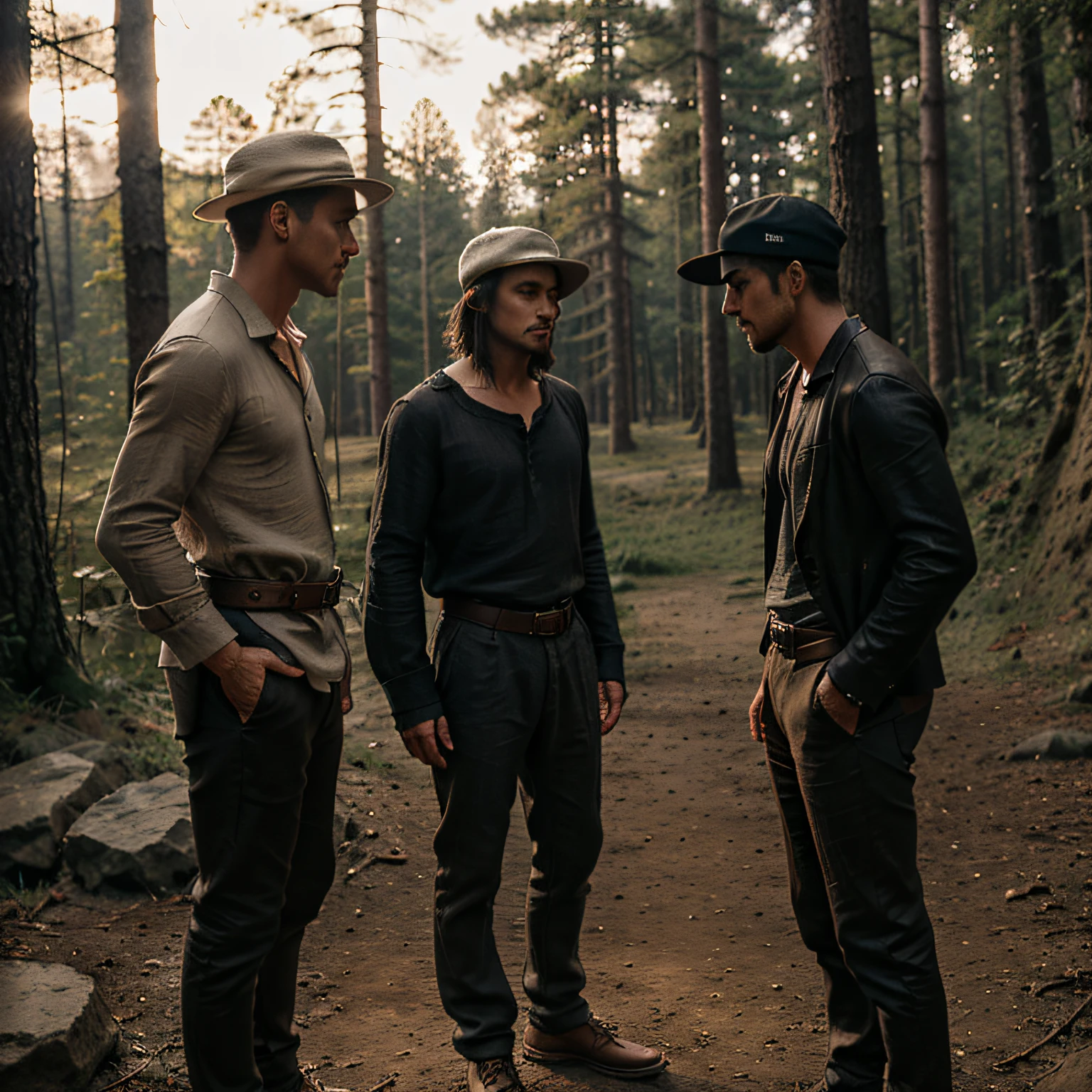 three man looking into a pit, linen clothes, dark linen clothes, leather clothes, long sleeves, pants, belt, with hat, old linen bag on a shoulder, men looking dawn, forest backround, rocks, camera from pit, camera is down