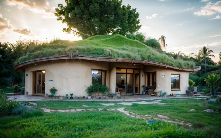 A photograph of a symmetrical contemporary house with (((one hyperbolic paraboloid green roof))) and (((biological pool))) and ((base wall foundation)) in a tropical backyard, mustard yellow terracota plaster walls (((rustic clay stucco))), ((corner walls rounded)), ((rustic clay plaster)), (((terracotta walls with rounded corners, organic curves))), (((rustic earth plaster, mud))), (((hyperbolic-shaped green roof with wooden edge))), (((wooden roof structure, wooden rake, wooden fascia board))), eaves, ((roof with wooden structure)), In Bahia (((tropical garden))), ((natural houses, organic buildings, organic architecture)), ecovillage, sustainable architecture, bioconstruction architecture, solarpunk architecture, (((grass roof, green roof, green wave roof, rounded roof, vegetated roofs))), (((rock base foundation wall, foundation height 30cm, stone base wall 30cm high))), ((green architecture)), passive house, clear sky in the background, painful beauty, modern, imposing, green house, ((Bali hobbit Hadid Style)), super resolution, cinematic, color grading, editorial photography, photography, photo shoot, (((dramatic front eye top angle view))), O 50mm, depth of field, intricate details, natural colors, sharp focus, warm light, shutter speed 1/1000, F/22, White Balance, Ray Trace Reflections, Lumen Reflections, Screen Space Reflections, Diffraction Rating, Chromatic Aberration, GB Shift, Partial Lighting, Backlighting, Daylighting, Scan Lines, ambient occlusion, antialiasing, shaders, OpenGL-Shaders, GLSL-Shaders, Post-processing, post-production, shading, tone mapping, incredibly detailed and complex, hypermaximalist, elegant, hyperrealistic, super detailed, dynamic pose, Fujifilm XT