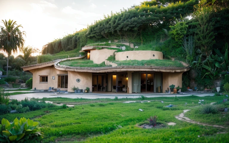 A photograph of a symmetrical contemporary house with (((one hyperbolic paraboloid green roof))) and (((biological pool))) and ((base wall foundation)) in a tropical backyard, mustard yellow terracota plaster walls (((rustic clay stucco))), ((corner walls rounded)), ((rustic clay plaster)), (((terracotta walls with rounded corners, organic curves))), (((rustic earth plaster, mud))), (((hyperbolic-shaped green roof with wooden edge))), (((wooden roof structure, wooden rake, wooden fascia board))), eaves, ((roof with wooden structure)), In Bahia (((tropical garden))), ((natural houses, organic buildings, organic architecture)), ecovillage, sustainable architecture, bioconstruction architecture, solarpunk architecture, (((grass roof, green roof, green wave roof, rounded roof, vegetated roofs))), (((rock base foundation wall, foundation height 30cm, stone base wall 30cm high))), ((green architecture)), passive house, clear sky in the background, painful beauty, modern, imposing, green house, ((Bali hobbit Hadid Style)), super resolution, cinematic, color grading, editorial photography, photography, photo shoot, (((dramatic front eye top angle view))), O 50mm, depth of field, intricate details, natural colors, sharp focus, warm light, shutter speed 1/1000, F/22, White Balance, Ray Trace Reflections, Lumen Reflections, Screen Space Reflections, Diffraction Rating, Chromatic Aberration, GB Shift, Partial Lighting, Backlighting, Daylighting, Scan Lines, ambient occlusion, antialiasing, shaders, OpenGL-Shaders, GLSL-Shaders, Post-processing, post-production, shading, tone mapping, incredibly detailed and complex, hypermaximalist, elegant, hyperrealistic, super detailed, dynamic pose, Fujifilm XT