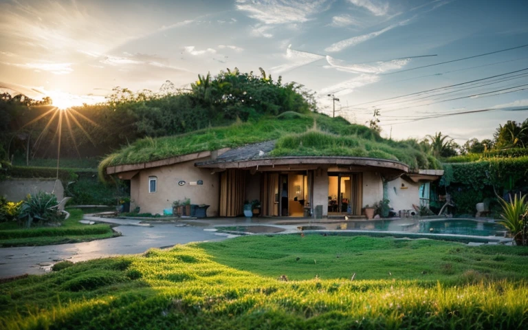 A photograph of a symmetrical contemporary organic house with (((one waved green roof))) and (((biological pool))) in a tropical backyard, mustard yellow terracota plaster walls (((rustic clay stucco))), ((corner walls rounded)), ((rustic clay plaster)), (((terracotta walls with rounded corners, organic curves))), (((rustic earth plaster, mud))), (((wave-shaped green roof with wooden edge))), (((wooden roof structure, wooden rake, wooden fascia board))), eaves, porch with wooden pillar, ((roof with wooden structure)), In Bali (((Tropical garden))), ((natural houses, organic buildings, organic architecture)), Ecovillage, sustainable architecture, Bioconstruction architecture, solarpunk architecture, (((grass roof, green roof, green wave roof, rounded roof, vegetated roofs))), ((green architecture)), Passive house, (((Rock Foundation))), Clear sky in the background, painful beauty, modern, imposing, green house, ((Bali hobbit Hadid Style)), super resolution, cinematic, color grading, editorial photography, photography, photo shoot, (((dramatic front eye top angle view))), O 50mm, depth of field, intricate details, natural colors, sharp focus, warm light, shutter speed 1/1000, F/22, White Balance, Ray Trace Reflections, Lumen Reflections, Screen Space Reflections, Diffraction Rating, Chromatic Aberration, GB Shift, Partial Lighting, Backlighting, Daylighting, Scan Lines, ambient occlusion, antialiasing, shaders, OpenGL-Shaders, GLSL-Shaders, Post-processing, post-production, shading, tone mapping, incredibly detailed and complex, hypermaximalist, elegant, hyperrealistic, super detailed, dynamic pose, Fujifilm XT