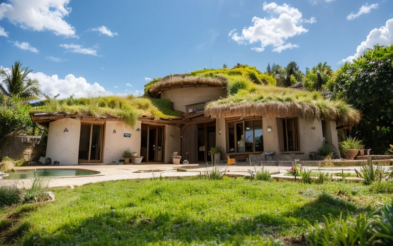 A photograph of a symmetrical contemporary house with (((one hyperbolic paraboloid green roof))) and (((biological pool))) and ((base wall foundation)) in a tropical backyard, mustard yellow terracota plaster walls (((rustic clay stucco))), ((corner walls rounded)), ((rustic clay plaster)), (((terracotta walls with rounded corners, organic curves))), (((rustic earth plaster, mud))), (((hyperbolic-shaped green roof with wooden edge))), (((wooden roof structure, wooden rake, wooden fascia board))), eaves, ((roof with wooden structure)), In Bahia (((tropical garden))), ((natural houses, organic buildings, organic architecture)), ecovillage, sustainable architecture, bioconstruction architecture, solarpunk architecture, (((grass roof, green roof, green wave roof, rounded roof, vegetated roofs))), (((rock base foundation wall, foundation height 30cm, stone base wall 30cm high))), ((green architecture)), passive house, clear sky in the background, painful beauty, modern, imposing, green house, ((Bali hobbit Hadid Style)), super resolution, cinematic, color grading, editorial photography, photography, photo shoot, (((dramatic front eye top angle view))), O 50mm, depth of field, intricate details, natural colors, sharp focus, warm light, shutter speed 1/1000, F/22, White Balance, Ray Trace Reflections, Lumen Reflections, Screen Space Reflections, Diffraction Rating, Chromatic Aberration, GB Shift, Partial Lighting, Backlighting, Daylighting, Scan Lines, ambient occlusion, antialiasing, shaders, OpenGL-Shaders, GLSL-Shaders, Post-processing, post-production, shading, tone mapping, incredibly detailed and complex, hypermaximalist, elegant, hyperrealistic, super detailed, dynamic pose, Fujifilm XT