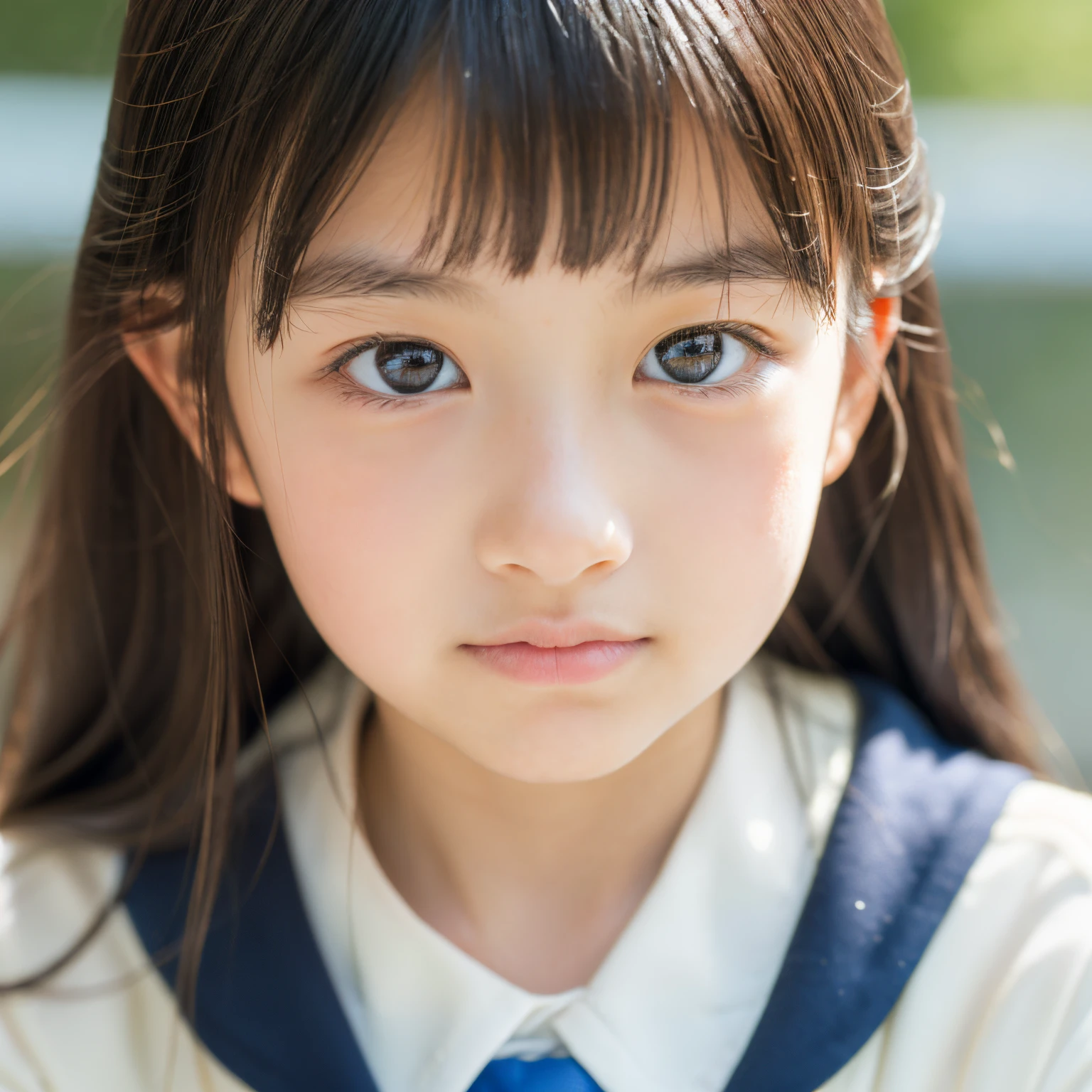 Lens 135mm f1.8,(Best Quality),(masutepiece:1.1), (Beautiful 10 year old Japanese girl),  (moist lips), Slender eyes, double-edged eyelid,
 (Look at another one), (close-up:1.4),  shame, Faint smile,
(Dappled sunlight:1.2), Dramatic Lighting, 
(Japan school uniform), (skin tanned:0.7),(Kamimei),