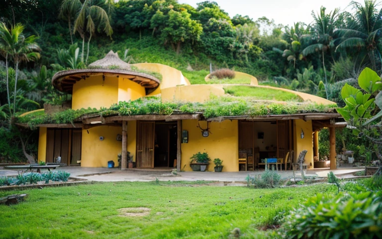 A photograph of a symmetrical contemporary organic house with (((um telhado verde ondulado))) e (((Biological pool))) em um quintal tropical, paredes de gesso terracota amarelo mostarda (((rustic clay stucco))), ((paredes de canto arredondadas)), ((Rustic clay plaster)), (((paredes de terracota com cantos arredondados, organic curves))), (((rustic earth plaster, lama))), (((telhado verde em forma de onda com borda de madeira))), (((Estrutura do telhado de madeira, ancinho de madeira, placa de madeira))), beiral, varea com pilar de madeira, ((telhado com estrutura de madeira)), em Bali (((jardim tropical))), ((casas naturais, Organic buildings, organic architecture)), ecovila, sustainable architecture, Bioconstruction architecture, arquitetura solarpunk, (((telhado de grama, Telhado Verde, Telhado de Onda Verde, telhado arredondado, telhados vegetados))), ((arquitetura verde)), Casa passiva, (((Rock Foundation))), Clear sky in the background, beleza dolorosa, moderno, imponente, casa verde, ((Estilo Hadid do hobbit de Bali)), super resolution, cinemactic, color grading, Fotografia Editorial, fotografia, photo shoot, (((dramatic front eye top angle view))), O 50mm, profundidade de campo, detalhes intrincados, Cores Naturais, foco nítido, luz quente, Velocidade do obturador 1/1000, F/22, White balance, Ray Trace Reflections, Lumen reflections, screen space reflections, diffraction classification, chromatic aberration, Deslocamento de GB, Partial lighting, Backlighting, natural  lightting, Linhas de varredura, Ambient occlusion, antialiasing, Shaders, OpenGL-Shaders, GLSL-Shaders, Post-processing, post - production, sombreamento, Mapeamento de tons, incrivelmente detalhado e complexo, hipermaximalista, elegante, hiper-realista, super detalhado, dynamic pose, fujifilm XT |
