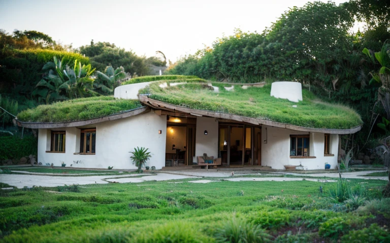 A photograph of a symmetrical contemporary house with (((a hyperbolic paraboloid green roof))) e (((Biological pool))) e ((low wall foundation)) em um quintal tropical, paredes de gesso terracota amarelo mostarda (((rustic clay stucco))), ((paredes de canto arredondadas)), ((Rustic clay plaster)), (((paredes de terracota com cantos arredondados, organic and square curves))), (((rustic earth plaster, lama))), (((green roof in hyperbolic shape with wooden edge))), (((Estrutura do telhado de madeira, ancinho de madeira, placa de madeira))), beiral, ((telhado com estrutura de madeira)), na Bahia (((jardim tropical))), ((casas naturais, Organic buildings, organic architecture)), ecovila, sustainable architecture, Bioconstruction architecture, arquitetura solarpunk, (((telhado de grama, Telhado Verde, Telhado de Onda Verde, telhado arredondado, telhados vegetados))), (((bedrock foundation wall, foundation height 30cm, parede de base de pedra com 30 cm de altura))), ((arquitetura verde)), Casa passiva, Clear sky in the background, beleza dolorosa, moderno, imponente, casa verde, ((Estilo Hadid do hobbit de Bali)), super resolution, cinemactic, color grading, Fotografia Editorial, fotografia, photo shoot, (((dramatic front eye top angle view))), O 50mm, profundidade de campo, detalhes intrincados, Cores Naturais, foco nítido, luz quente, Velocidade do obturador 1/1000, F/22, White balance, Ray Trace Reflections, Lumen reflections, screen space reflections, diffraction classification, chromatic aberration, Deslocamento de GB, Partial lighting, Backlighting, natural  lightting, Linhas de varredura, Ambient occlusion, antialiasing, Shaders, OpenGL-Shaders, GLSL-Shaders, Post-processing, post - production, sombreamento, Mapeamento de tons, incrivelmente detalhado e complexo, hipermaximalista, elegante, hiper-realista, super detalhado, dynamic pose, fujifilm XT |