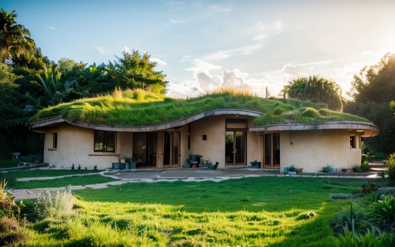 A photograph of a symmetrical contemporary house with (((one hyperbolic paraboloid green roof))) and (((biological pool))) and ((base wall foundation)) in a tropical backyard, mustard yellow terracota plaster walls (((rustic clay stucco))), ((corner walls rounded)), ((rustic clay plaster)), (((terracotta walls with rounded corners, organic curves))), (((rustic earth plaster, mud))), (((hyperbolic-shaped green roof with wooden edge))), (((wooden roof structure, wooden rake, wooden fascia board))), eaves, ((roof with wooden structure)), In Bahia (((tropical garden))), ((natural houses, organic buildings, organic architecture)), ecovillage, sustainable architecture, bioconstruction architecture, solarpunk architecture, (((grass roof, green roof, green wave roof, rounded roof, vegetated roofs))), (((rock base foundation wall, foundation height 30cm, stone base wall 30cm high))), ((green architecture)), passive house, clear sky in the background, painful beauty, modern, imposing, green house, ((Bali hobbit Hadid Style)), super resolution, cinematic, color grading, editorial photography, photography, photo shoot, (((dramatic front eye top angle view))), O 50mm, depth of field, intricate details, natural colors, sharp focus, warm light, shutter speed 1/1000, F/22, White Balance, Ray Trace Reflections, Lumen Reflections, Screen Space Reflections, Diffraction Rating, Chromatic Aberration, GB Shift, Partial Lighting, Backlighting, Daylighting, Scan Lines, ambient occlusion, antialiasing, shaders, OpenGL-Shaders, GLSL-Shaders, Post-processing, post-production, shading, tone mapping, incredibly detailed and complex, hypermaximalist, elegant, hyperrealistic, super detailed, dynamic pose, Fujifilm XT