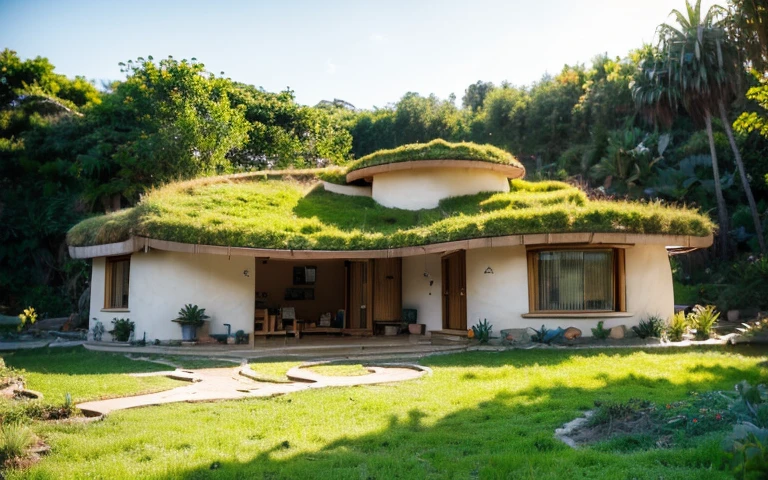 A photograph of a symmetrical contemporary house with (((one hyperbolic paraboloid green roof))) and (((biological pool))) and ((base wall foundation)) in a tropical backyard, mustard yellow terracota plaster walls (((rustic clay stucco))), ((corner walls rounded)), ((rustic clay plaster)), (((terracotta walls with rounded corners, organic curves))), (((rustic earth plaster, mud))), (((hyperbolic-shaped green roof with wooden edge))), (((wooden roof structure, wooden rake, wooden fascia board))), eaves, ((roof with wooden structure)), In Bahia (((tropical garden))), ((natural houses, organic buildings, organic architecture)), ecovillage, sustainable architecture, bioconstruction architecture, solarpunk architecture, (((grass roof, green roof, green wave roof, rounded roof, vegetated roofs))), (((rock base foundation wall, foundation height 30cm, stone base wall 30cm high))), ((green architecture)), passive house, clear sky in the background, painful beauty, modern, imposing, green house, ((Bali hobbit Hadid Style)), super resolution, cinematic, color grading, editorial photography, photography, photo shoot, (((dramatic front eye top angle view))), O 50mm, depth of field, intricate details, natural colors, sharp focus, warm light, shutter speed 1/1000, F/22, White Balance, Ray Trace Reflections, Lumen Reflections, Screen Space Reflections, Diffraction Rating, Chromatic Aberration, GB Shift, Partial Lighting, Backlighting, Daylighting, Scan Lines, ambient occlusion, antialiasing, shaders, OpenGL-Shaders, GLSL-Shaders, Post-processing, post-production, shading, tone mapping, incredibly detailed and complex, hypermaximalist, elegant, hyperrealistic, super detailed, dynamic pose, Fujifilm XT