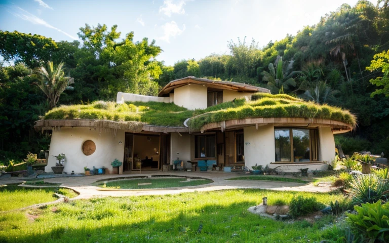 A photograph of a symmetrical contemporary house with (((one hyperbolic paraboloid green roof))) and (((biological pool))) and ((base wall foundation)) in a tropical backyard, mustard yellow terracota plaster walls (((rustic clay stucco))), ((corner walls rounded)), ((rustic clay plaster)), (((terracotta walls with rounded corners, organic curves))), (((rustic earth plaster, mud))), (((hyperbolic-shaped green roof with wooden edge))), (((wooden roof structure, wooden rake, wooden fascia board))), eaves, ((roof with wooden structure)), In Bahia (((tropical garden))), ((natural houses, organic buildings, organic architecture)), ecovillage, sustainable architecture, bioconstruction architecture, solarpunk architecture, (((grass roof, green roof, green wave roof, rounded roof, vegetated roofs))), (((rock base foundation wall, foundation height 30cm, stone base wall 30cm high))), ((green architecture)), passive house, clear sky in the background, painful beauty, modern, imposing, green house, ((Bali hobbit Hadid Style)), super resolution, cinematic, color grading, editorial photography, photography, photo shoot, (((dramatic front eye top angle view))), O 50mm, depth of field, intricate details, natural colors, sharp focus, warm light, shutter speed 1/1000, F/22, White Balance, Ray Trace Reflections, Lumen Reflections, Screen Space Reflections, Diffraction Rating, Chromatic Aberration, GB Shift, Partial Lighting, Backlighting, Daylighting, Scan Lines, ambient occlusion, antialiasing, shaders, OpenGL-Shaders, GLSL-Shaders, Post-processing, post-production, shading, tone mapping, incredibly detailed and complex, hypermaximalist, elegant, hyperrealistic, super detailed, dynamic pose, Fujifilm XT