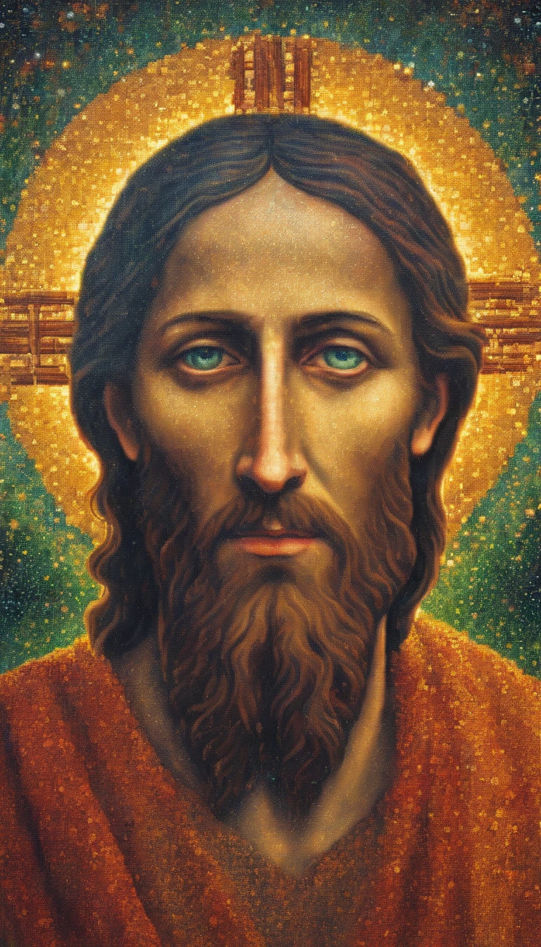 Jesus Christ, very beautiful image.  Enlightened Messiah.  Blessed Messiah.  Biblical Character. Absurd, very high resolution, ultra-detailed, Dot painting technique, dotted shadows, intricate details, Tiny dots, Texture effects, subtle gradients, fascinating craftsmanship, infrared photography, otherworldly tones, surreal landscapes, invisible light, ethereal glow, colors vivid, ghost effects