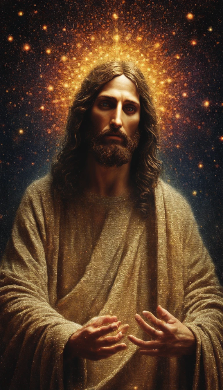 Jesus Christ, very beautiful image.  Enlightened Messiah.  Blessed Messiah.  Biblical Character. Absurd, very high resolution, ultra-detailed, Dot painting technique, dotted shadows, intricate details, Tiny dots, Texture effects, subtle gradients, fascinating craftsmanship, infrared photography, otherworldly tones, surreal landscapes, invisible light, ethereal glow, colors vivid, ghost effects