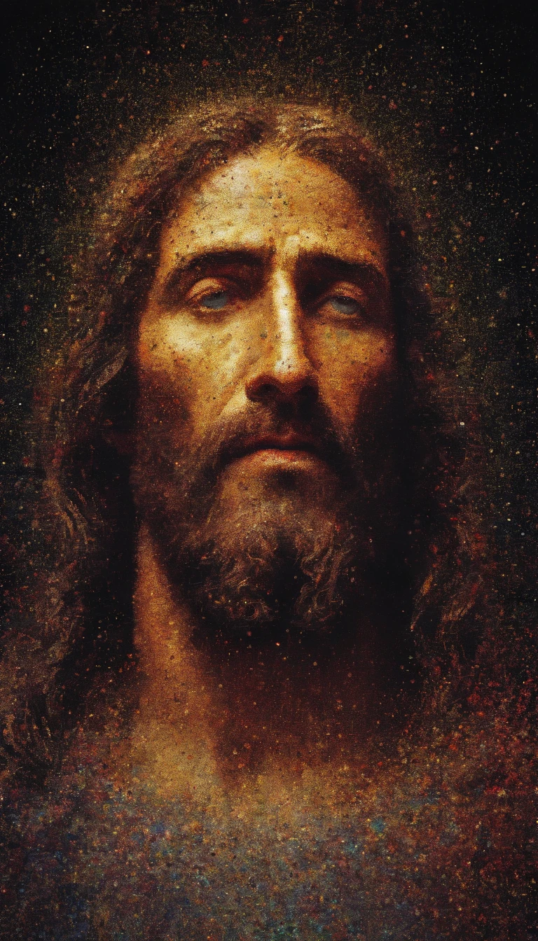 Jesus Christ, very beautiful image. Enlightened Messiah. Blessed Messiah. Biblical Character. Absurd, very high resolution, ultra-detailed, Dot painting technique, dotted shadows, intricate details, Tiny dots, Texture effects, subtle gradients, fascinating craftsmanship, infrared photography, otherworldly tones, surreal landscapes, invisible light, ethereal glow, colors vivid, ghost effects
