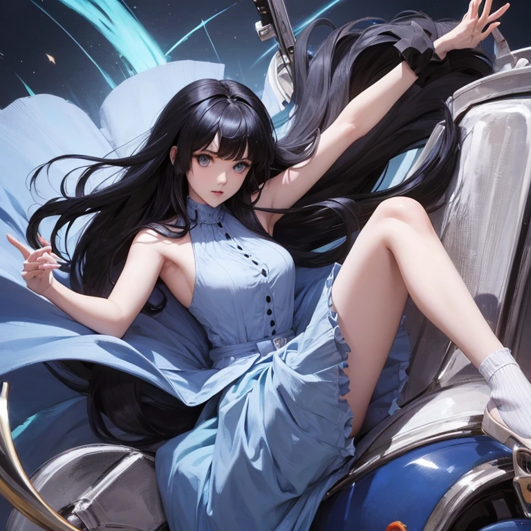 Anime girl with silky black hair blue eyes and bangs riding blue lion