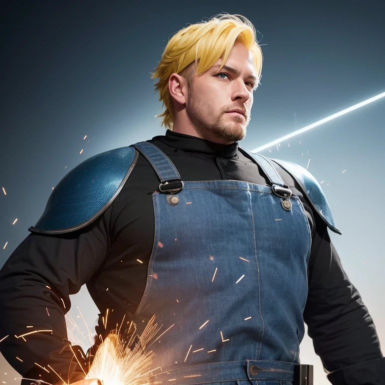 I em man have yellow hair, very blue eyes, I am 1.70m tall, and weigh 70kg. I am a welder. I want a picture that includes all these characteristics and shows me welding my face and my hair must see on picture and i wonna be like superhero welder i called name "cerga" add that text on picture.