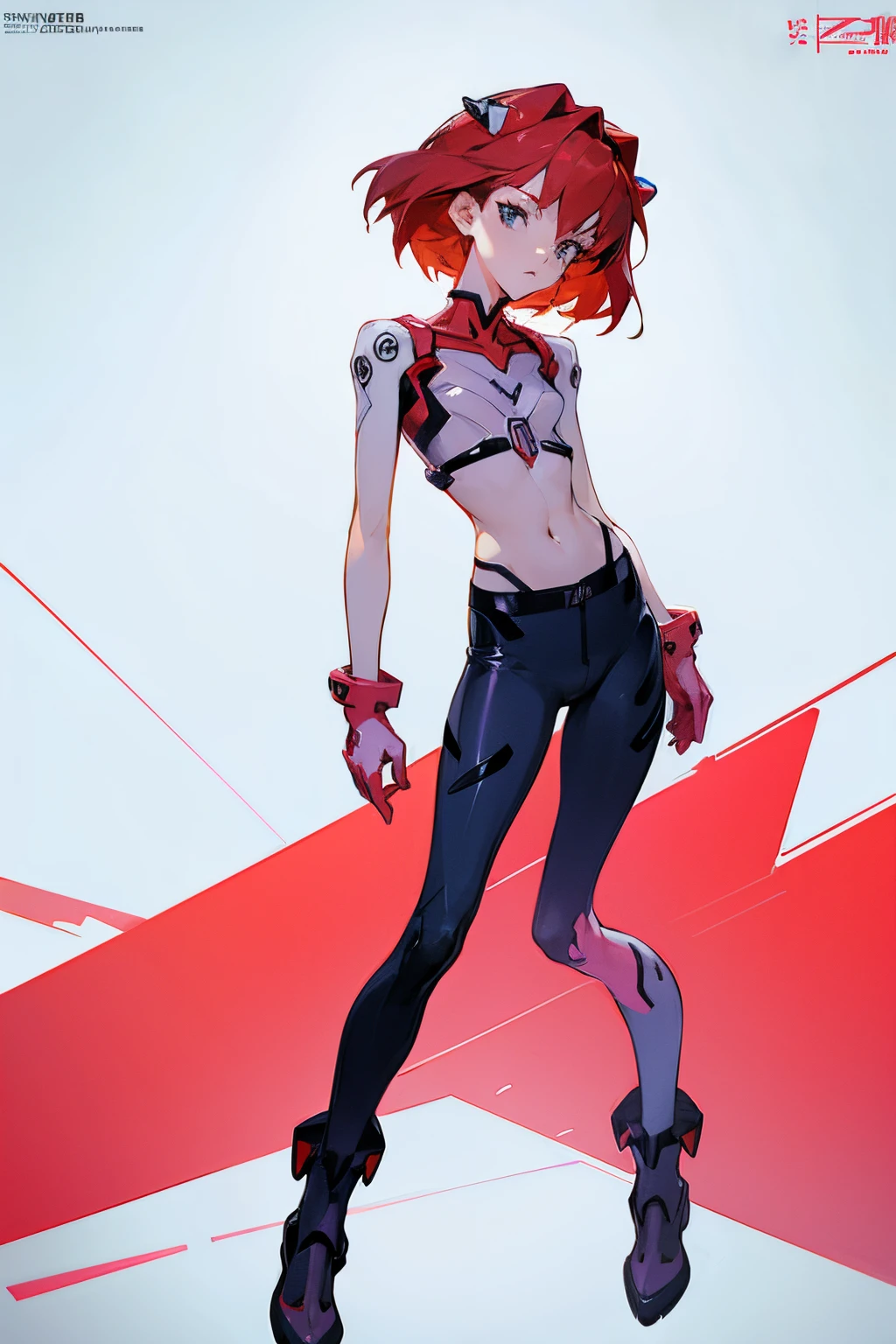 girl, skinny, crop top, full body portrait, flat sixpack, short red hair, neon genesis evangelion style