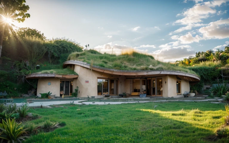 A photograph of a symmetrical contemporary house with (((one hyperbolic paraboloid green roof))) and (((biological pool))) and ((base wall foundation)) in a tropical backyard, mustard yellow terracota plaster walls (((rustic clay stucco))), ((corner walls rounded)), ((rustic clay plaster)), (((terracotta walls with rounded corners, organic curves and squared))), (((rustic earth plaster, mud))), (((hyperbolic-shaped green roof with wooden edge))), (((wooden roof structure, wooden rake, wooden fascia board))), eaves, ((roof with wooden structure)), In Bahia (((tropical garden))), ((natural houses, organic buildings, organic architecture)), ecovillage, sustainable architecture, bioconstruction architecture, solarpunk architecture, (((grass roof, green roof, green wave roof, rounded roof, vegetated roofs))), (((rock base foundation wall, foundation height 30cm, stone base wall 30cm high))), ((green architecture)), passive house, clear sky in the background, painful beauty, modern, imposing, green house, ((Bali hobbit Hadid Style)), super resolution, cinematic, color grading, editorial photography, photography, photo shoot, (((dramatic front eye top angle view))), O 50mm, depth of field, intricate details, natural colors, sharp focus, warm light, shutter speed 1/1000, F/22, White Balance, Ray Trace Reflections, Lumen Reflections, Screen Space Reflections, Diffraction Rating, Chromatic Aberration, GB Shift, Partial Lighting, Backlighting, Daylighting, Scan Lines, ambient occlusion, antialiasing, shaders, OpenGL-Shaders, GLSL-Shaders, Post-processing, post-production, shading, tone mapping, incredibly detailed and complex, hypermaximalist, elegant, hyperrealistic, super detailed, dynamic pose, Fujifilm XT
