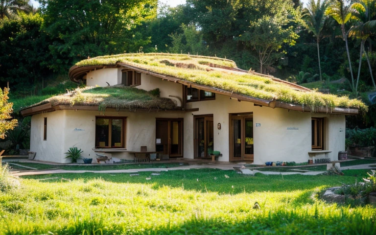 A photograph of a symmetrical contemporary house with (((one hyperbolic paraboloid green roof))) and (((biological pool))) and ((base wall foundation)) in a tropical backyard, mustard yellow terracota plaster walls (((rustic clay stucco))), ((corner walls rounded)), ((rustic clay plaster)), (((terracotta walls with rounded corners, organic curves))), (((rustic earth plaster, mud))), (((hyperbolic-shaped green roof with wooden edge))), (((wooden roof structure, wooden rake, wooden fascia board))), eaves, ((roof with wooden structure)), In Bahia (((tropical garden))), ((natural houses, organic buildings, organic architecture)), ecovillage, sustainable architecture, bioconstruction architecture, solarpunk architecture, (((grass roof, green roof, green wave roof, rounded roof, vegetated roofs))), (((rock base foundation wall, foundation height 30cm, stone base wall 30cm high))), ((green architecture)), passive house, clear sky in the background, painful beauty, modern, imposing, green house, ((Bali hobbit Hadid Style)), super resolution, cinematic, color grading, editorial photography, photography, photo shoot, (((dramatic front eye top angle view))), O 50mm, depth of field, intricate details, natural colors, sharp focus, warm light, shutter speed 1/1000, F/22, White Balance, Ray Trace Reflections, Lumen Reflections, Screen Space Reflections, Diffraction Rating, Chromatic Aberration, GB Shift, Partial Lighting, Backlighting, Daylighting, Scan Lines, ambient occlusion, antialiasing, shaders, OpenGL-Shaders, GLSL-Shaders, Post-processing, post-production, shading, tone mapping, incredibly detailed and complex, hypermaximalist, elegant, hyperrealistic, super detailed, dynamic pose, Fujifilm XT