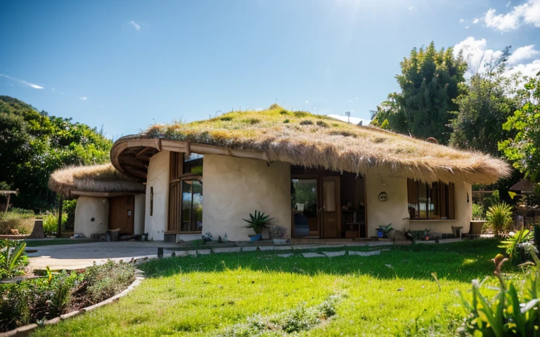 A photograph of a symmetrical contemporary house with (((one hyperbolic paraboloid green roof))) and (((biological pool))) and ((base wall foundation)) in a tropical backyard, mustard yellow terracota plaster walls (((rustic clay stucco))), ((corner walls rounded)), ((rustic clay plaster)), (((terracotta walls with rounded corners, organic curves))), (((rustic earth plaster, mud))), (((hyperbolic-shaped green roof with wooden edge))), (((wooden roof structure, wooden rake, wooden fascia board))), eaves, ((roof with wooden structure)), In Bahia (((tropical garden))), ((natural houses, organic buildings, organic architecture)), ecovillage, sustainable architecture, bioconstruction architecture, solarpunk architecture, (((grass roof, green roof, green wave roof, rounded roof, vegetated roofs))), (((rock base foundation wall, foundation height 30cm, stone base wall 30cm high))), ((green architecture)), passive house, clear sky in the background, painful beauty, modern, imposing, green house, ((Bali hobbit Hadid Style)), super resolution, cinematic, color grading, editorial photography, photography, photo shoot, (((dramatic front eye top angle view))), O 50mm, depth of field, intricate details, natural colors, sharp focus, warm light, shutter speed 1/1000, F/22, White Balance, Ray Trace Reflections, Lumen Reflections, Screen Space Reflections, Diffraction Rating, Chromatic Aberration, GB Shift, Partial Lighting, Backlighting, Daylighting, Scan Lines, ambient occlusion, antialiasing, shaders, OpenGL-Shaders, GLSL-Shaders, Post-processing, post-production, shading, tone mapping, incredibly detailed and complex, hypermaximalist, elegant, hyperrealistic, super detailed, dynamic pose, Fujifilm XT