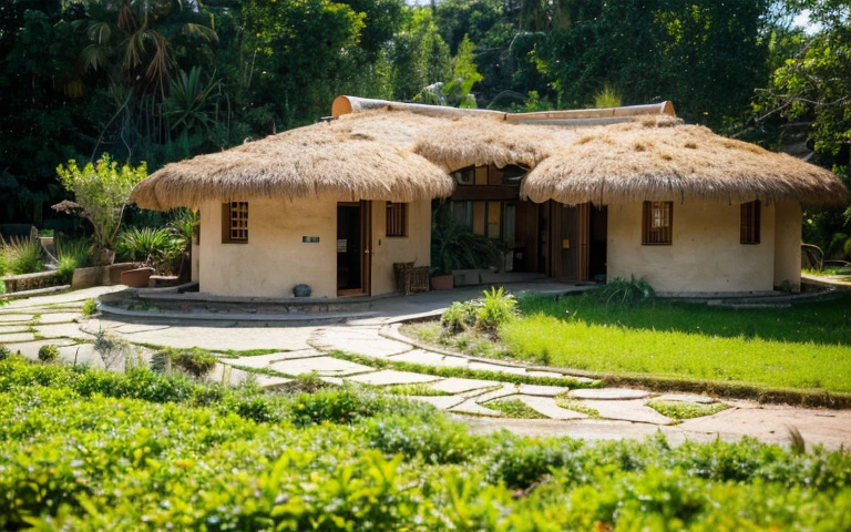 A photograph of a symmetrical contemporary house with (((one hyperbolic paraboloid green roof))) and (((biological pool))) and ((base wall foundation)) in a tropical backyard, mustard yellow terracota plaster walls (((rustic clay stucco))), ((corner walls rounded)), ((rustic clay plaster)), (((terracotta walls with rounded corners, organic curves))), (((rustic earth plaster, mud))), (((hyperbolic-shaped green roof with wooden edge))), (((wooden roof structure, wooden rake, wooden fascia board))), eaves, ((roof with wooden structure)), In Bahia (((tropical garden))), ((natural houses, organic buildings, organic architecture)), ecovillage, sustainable architecture, bioconstruction architecture, solarpunk architecture, (((grass roof, green roof, green wave roof, rounded roof, vegetated roofs))), (((rock base foundation wall, foundation height 30cm, stone base wall 30cm high))), ((green architecture)), passive house, clear sky in the background, painful beauty, modern, imposing, green house, ((Bali hobbit Hadid Style)), super resolution, cinematic, color grading, editorial photography, photography, photo shoot, (((dramatic front eye top angle view))), O 50mm, depth of field, intricate details, natural colors, sharp focus, warm light, shutter speed 1/1000, F/22, White Balance, Ray Trace Reflections, Lumen Reflections, Screen Space Reflections, Diffraction Rating, Chromatic Aberration, GB Shift, Partial Lighting, Backlighting, Daylighting, Scan Lines, ambient occlusion, antialiasing, shaders, OpenGL-Shaders, GLSL-Shaders, Post-processing, post-production, shading, tone mapping, incredibly detailed and complex, hypermaximalist, elegant, hyperrealistic, super detailed, dynamic pose, Fujifilm XT