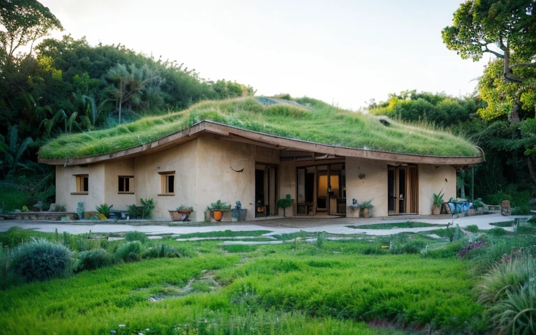 A photograph of a symmetrical contemporary house with (((one hyperbolic paraboloid green roof))) and (((biological pool))) and ((base wall foundation)) in a tropical backyard, mustard yellow terracota plaster walls (((rustic clay stucco))), ((corner walls rounded)), ((rustic clay plaster)), (((terracotta walls with rounded corners, organic curves))), (((rustic earth plaster, mud))), (((hyperbolic-shaped green roof with wooden edge))), (((wooden roof structure, wooden rake, wooden fascia board))), eaves, ((roof with wooden structure)), In Bahia (((tropical garden))), ((natural houses, organic buildings, organic architecture)), ecovillage, sustainable architecture, bioconstruction architecture, solarpunk architecture, (((grass roof, green roof, green wave roof, rounded roof, vegetated roofs))), (((rock base foundation wall, foundation height 30cm, stone base wall 30cm high))), ((green architecture)), passive house, clear sky in the background, painful beauty, modern, imposing, green house, ((Bali hobbit Hadid Style)), super resolution, cinematic, color grading, editorial photography, photography, photo shoot, (((dramatic front eye top angle view))), O 50mm, depth of field, intricate details, natural colors, sharp focus, warm light, shutter speed 1/1000, F/22, White Balance, Ray Trace Reflections, Lumen Reflections, Screen Space Reflections, Diffraction Rating, Chromatic Aberration, GB Shift, Partial Lighting, Backlighting, Daylighting, Scan Lines, ambient occlusion, antialiasing, shaders, OpenGL-Shaders, GLSL-Shaders, Post-processing, post-production, shading, tone mapping, incredibly detailed and complex, hypermaximalist, elegant, hyperrealistic, super detailed, dynamic pose, Fujifilm XT