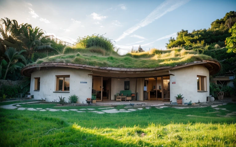 A photograph of a symmetrical contemporary house with (((one hyperbolic paraboloid green roof))) and (((biological pool))) and ((base wall foundation)) in a tropical backyard, mustard yellow terracota plaster walls (((rustic clay stucco))), ((corner walls rounded)), ((rustic clay plaster)), (((terracotta walls with rounded corners, organic curves))), (((rustic earth plaster, mud))), (((hyperbolic-shaped green roof with wooden edge))), (((wooden roof structure, wooden rake, wooden fascia board))), eaves, ((roof with wooden structure)), In Bahia (((tropical garden))), ((natural houses, organic buildings, organic architecture)), ecovillage, sustainable architecture, bioconstruction architecture, solarpunk architecture, (((grass roof, green roof, green wave roof, rounded roof, vegetated roofs))), (((rock base foundation wall, foundation height 30cm, stone base wall 30cm high))), ((green architecture)), passive house, clear sky in the background, painful beauty, modern, imposing, green house, ((Bali hobbit Hadid Style)), super resolution, cinematic, color grading, editorial photography, photography, photo shoot, (((dramatic front eye top angle view))), O 50mm, depth of field, intricate details, natural colors, sharp focus, warm light, shutter speed 1/1000, F/22, White Balance, Ray Trace Reflections, Lumen Reflections, Screen Space Reflections, Diffraction Rating, Chromatic Aberration, GB Shift, Partial Lighting, Backlighting, Daylighting, Scan Lines, ambient occlusion, antialiasing, shaders, OpenGL-Shaders, GLSL-Shaders, Post-processing, post-production, shading, tone mapping, incredibly detailed and complex, hypermaximalist, elegant, hyperrealistic, super detailed, dynamic pose, Fujifilm XT