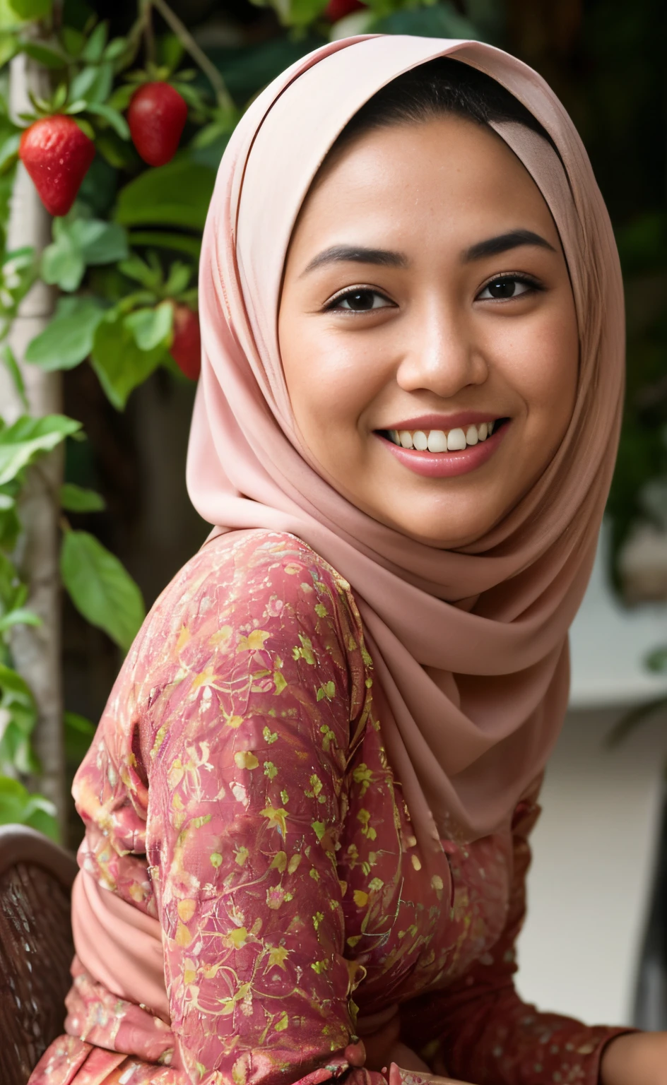 Masterpiece:1.2, high quality, best quality, high resolution, detailed, hyper realistic, 1 malay girl, wear baju kurung, big breast, bright short white hair, Shaggy Bob Haircut with Bangs, brown eyes, head tilt, sunset, birds flying, strawberry plant, Portrait, smile, showing teeth, (detailed face), ((sharp focus)), ((face)), upper body, mid shot portrait,