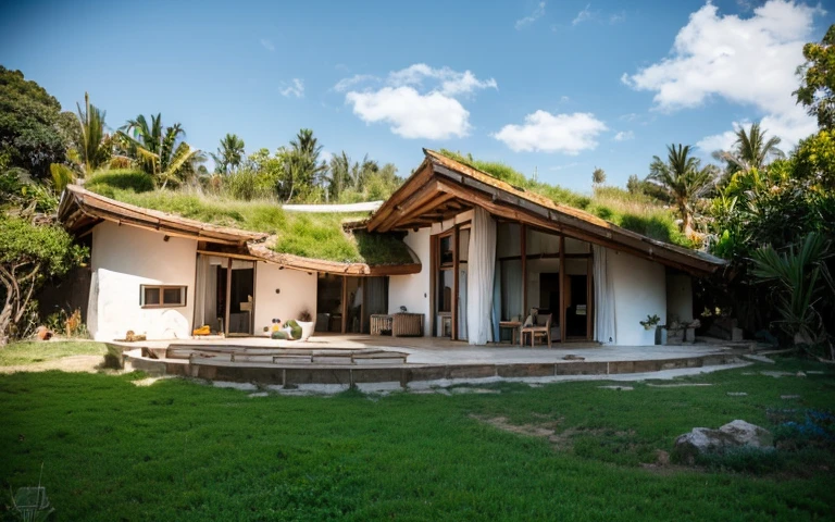 A photograph of a symmetrical contemporary house with (((a hyperbolic paraboloid green roof))) e (((Biological pool))) e ((low wall foundation)) em um quintal tropical, paredes de gesso terracota amarelo mostarda (((rustic clay stucco))), ((paredes de canto arredondadas)), ((Rustic clay plaster)), (((paredes de terracota com cantos arredondados, organic curves))), (((rustic earth plaster, lama))), (((green roof in hyperbolic shape with wooden edge))), (((Estrutura do telhado de madeira, ancinho de madeira, placa de madeira))), beiral, ((telhado com estrutura de madeira)), na Bahia (((jardim tropical))), ((casas naturais, Organic buildings, organic architecture)), ecovila, sustainable architecture, Bioconstruction architecture, arquitetura solarpunk, (((telhado de grama, Telhado Verde, Telhado de Onda Verde, telhado arredondado, telhados vegetados))), (((bedrock foundation wall, foundation height 30cm, parede de base de pedra com 30 cm de altura))), ((arquitetura verde)), Casa passiva, Clear sky in the background, beleza dolorosa, moderno, imponente, casa verde, ((Estilo Hadid do hobbit de Bali)), super resolution, cinemactic, color grading, Fotografia Editorial, fotografia, photo shoot, (((dramatic front eye top angle view))), O 50mm, profundidade de campo, detalhes intrincados, Cores Naturais, foco nítido, luz quente, Velocidade do obturador 1/1000, F/22, White balance, Ray Trace Reflections, Lumen reflections, screen space reflections, diffraction classification, chromatic aberration, Deslocamento de GB, Partial lighting, Backlighting, natural  lightting, Linhas de varredura, Ambient occlusion, antialiasing, Shaders, OpenGL-Shaders, GLSL-Shaders, Post-processing, post - production, sombreamento, Mapeamento de tons, incrivelmente detalhado e complexo, hipermaximalista, elegante, hiper-realista, super detalhado, dynamic pose, fujifilm XT |