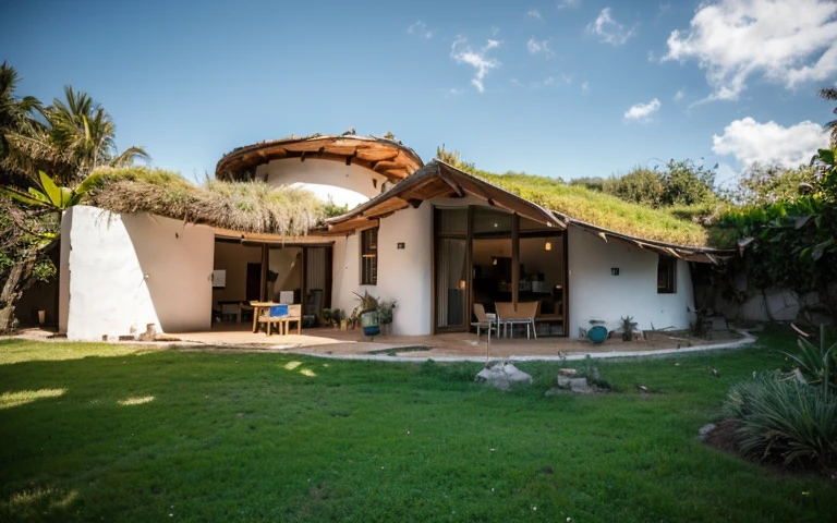 A photograph of a symmetrical contemporary house with (((a hyperbolic paraboloid green roof))) e (((Biological pool))) e ((low wall foundation)) em um quintal tropical, paredes de gesso terracota amarelo mostarda (((rustic clay stucco))), ((paredes de canto arredondadas)), ((Rustic clay plaster)), (((paredes de terracota com cantos arredondados, organic curves))), (((rustic earth plaster, lama))), (((green roof in hyperbolic shape with wooden edge))), (((Estrutura do telhado de madeira, ancinho de madeira, placa de madeira))), beiral, ((telhado com estrutura de madeira)), na Bahia (((jardim tropical))), ((casas naturais, Organic buildings, organic architecture)), ecovila, sustainable architecture, Bioconstruction architecture, arquitetura solarpunk, (((telhado de grama, Telhado Verde, Telhado de Onda Verde, telhado arredondado, telhados vegetados))), (((bedrock foundation wall, foundation height 30cm, parede de base de pedra com 30 cm de altura))), ((arquitetura verde)), Casa passiva, Clear sky in the background, beleza dolorosa, moderno, imponente, casa verde, ((Estilo Hadid do hobbit de Bali)), super resolution, cinemactic, color grading, Fotografia Editorial, fotografia, photo shoot, (((dramatic front eye top angle view))), O 50mm, profundidade de campo, detalhes intrincados, Cores Naturais, foco nítido, luz quente, Velocidade do obturador 1/1000, F/22, White balance, Ray Trace Reflections, Lumen reflections, screen space reflections, diffraction classification, chromatic aberration, Deslocamento de GB, Partial lighting, Backlighting, natural  lightting, Linhas de varredura, Ambient occlusion, antialiasing, Shaders, OpenGL-Shaders, GLSL-Shaders, Post-processing, post - production, sombreamento, Mapeamento de tons, incrivelmente detalhado e complexo, hipermaximalista, elegante, hiper-realista, super detalhado, dynamic pose, fujifilm XT |