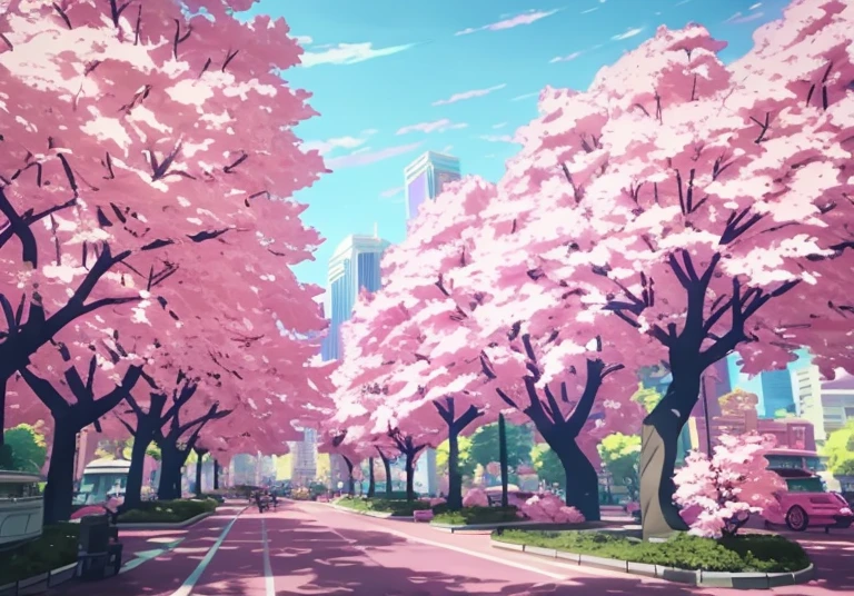 there are many pink trees in the middle of a city street, beautiful cityscape, ross tran. scenic background, anime style cityscape, spring season city, by sylvain sarrailh, by Patrick Ching, inspired by Yanjun Cheng, tokyo anime scene, ilya kuvshinov landscape, hd anime cityscape, beautiful anime scenery, beautiful digital artwork, trending on cgstation