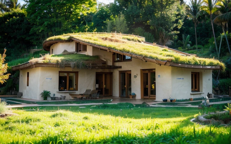 A photograph of a symmetrical contemporary house with (((one hyperbolic paraboloid green roof))) and (((biological pool))) and ((base wall foundation)) in a tropical backyard, mustard yellow terracota plaster walls (((rustic clay stucco))), ((corner walls rounded)), ((rustic clay plaster)), (((terracotta walls with rounded corners, organic curves))), (((rustic earth plaster, mud))), (((hyperbolic-shaped green roof with wooden edge))), (((wooden roof structure, wooden rake, wooden fascia board))), eaves, ((roof with wooden structure)), In Bahia (((tropical garden))), ((natural houses, organic buildings, organic architecture)), ecovillage, sustainable architecture, bioconstruction architecture, solarpunk architecture, (((grass roof, green roof, green wave roof, rounded roof, vegetated roofs))), (((rock base foundation wall, foundation height 30cm, stone base wall 30cm high))), ((green architecture)), passive house, clear sky in the background, painful beauty, modern, imposing, green house, ((Bali hobbit Hadid Style)), super resolution, cinematic, color grading, editorial photography, photography, photo shoot, (((dramatic front eye top angle view))), O 50mm, depth of field, intricate details, natural colors, sharp focus, warm light, shutter speed 1/1000, F/22, White Balance, Ray Trace Reflections, Lumen Reflections, Screen Space Reflections, Diffraction Rating, Chromatic Aberration, GB Shift, Partial Lighting, Backlighting, Daylighting, Scan Lines, ambient occlusion, antialiasing, shaders, OpenGL-Shaders, GLSL-Shaders, Post-processing, post-production, shading, tone mapping, incredibly detailed and complex, hypermaximalist, elegant, hyperrealistic, super detailed, dynamic pose, Fujifilm XT